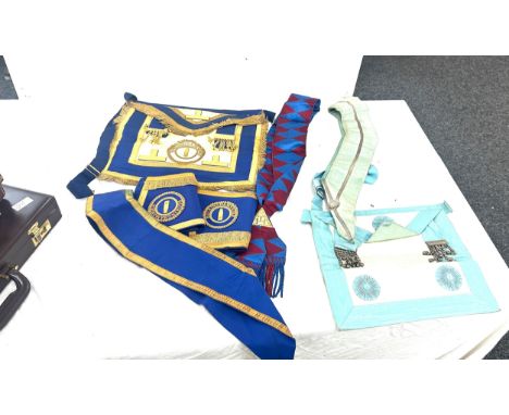 Large selection of masonic aprons in a masonic leather briefcase initialed RAEG