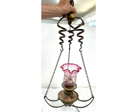 Antique Brass / copper  hanging ceiling light with cranberry shade