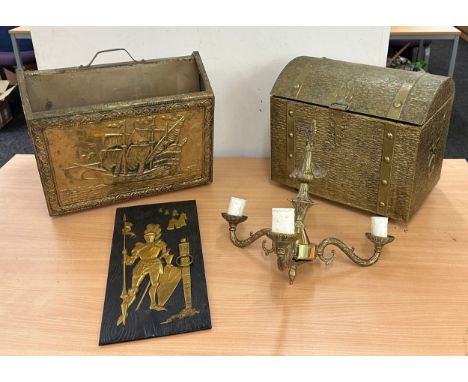 Selection of brass items to include a coal box, light ceiling fitting etc
