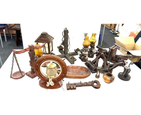 Large selection of wooden items to include light fittings, figures etc