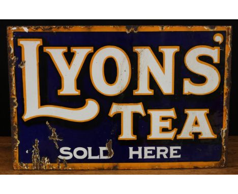 Advertising - a rectangular shaped double sided flanged enamel sign, white lettering with orange outline and black drop shado