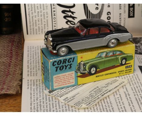 Corgi Toys 224 Bentley Continental Sports by H.J.Mulliner, two tone silver and black body, red interior, spun plated hubs, bo