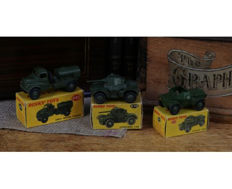 Dinky Toys 643 army water tanker, military green body, seated painted driver figure to interior, military green ridged hubs, 