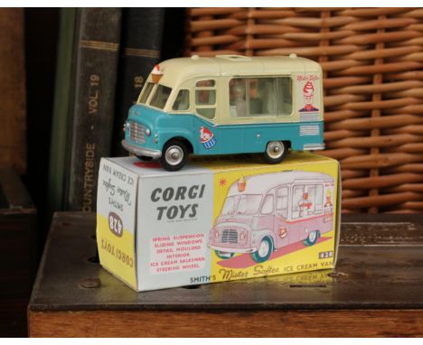 Corgi Toys 428 Smith's Mister Softee ice cream van with windows, pale blue and cream body with various decals, pale blue inte