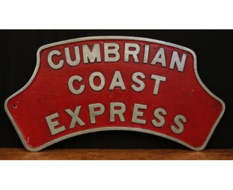 Railwayana - a post BR cast aluminium headboard, 'CUMBRIAN COAST EXPRESS', raised lettering on a red ground, 40cm high, 86cm 