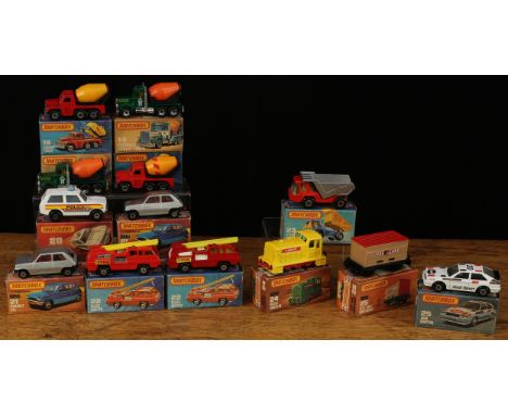 Matchbox 1-75 issue models, comprising 19f 'Superfast' cement truck, red body with orange cement barrel, boxed; another, with