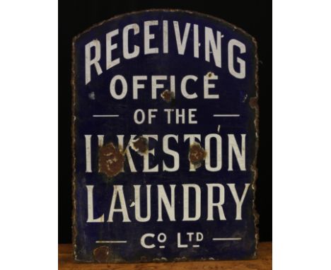 Advertising - a shaped rounded rectangular double sided enamel sign, white lettering on a cobalt blue ground 'RECEIVING OFFIC