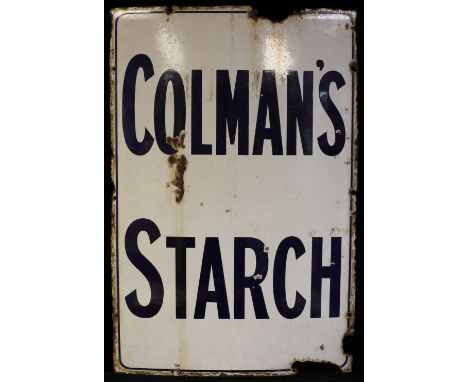 Advertising - a rectangular shaped single sided enamel sign, cobalt blue lettering on a white ground 'COLMAN'S STARCH', round