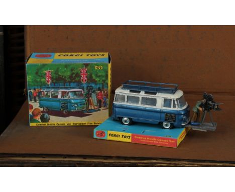 Corgi Toys 479 Commer Mobile Camera van, Samuelson Film Services, metallic blue and white body with decals, blue interior, sp