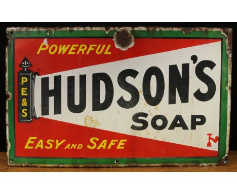 Advertising - a rectangular shaped single sided pictorial enamel sign, yellow and black lettering on a red and white ground w
