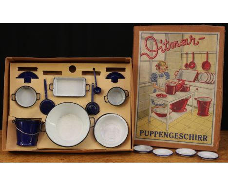 Juvenalia and Memories of Childhood - an early 20th century German cobalt blue and white enamel miniature child's kitchen set