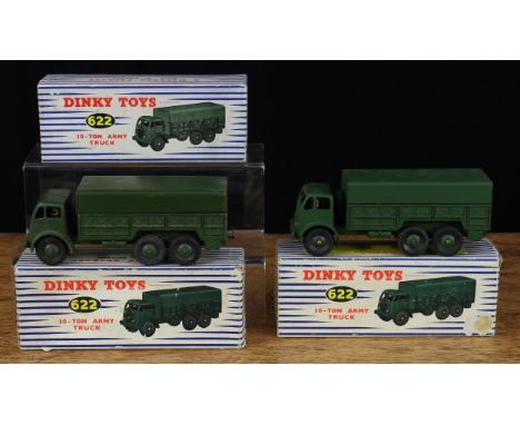 Dinky Toys 622 10-ton army truck, military green body, seated painted driver figure to interior, military green ridged hubs, 