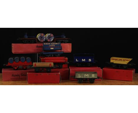 A collection of boxed Hornby O Gauge tinplate wagons, including R173 No.1 rotary tipping wagon 'TRINIDAD LAKE ASPHALT, FOR RO