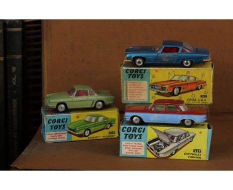 Corgi Toys 222 Renault "Floride", metallic green body, red interior, flat spun hubs, boxed; Corgi Toys 229 Chevrolet Corvair,