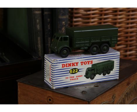 Dinky Toys 622 10-ton army truck, military green body, seated painted driver figure to interior, military green ridged hubs, 