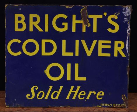 Advertising - a rectangular shaped double sided flanged enamel sign, yellow lettering on a cobalt blue ground 'BRIGHT'S COD L