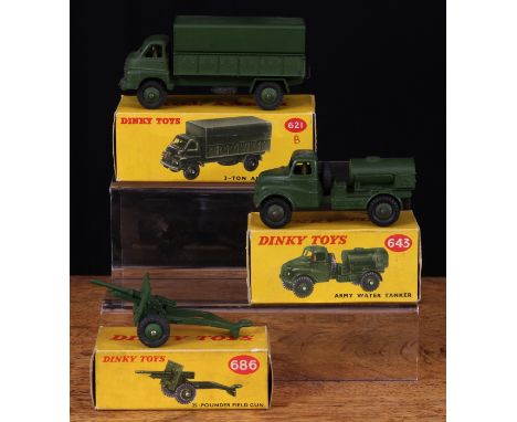 Dinky Toys 621 3-ton army wagon, military green body, seated painted driver figure to interior, military green ridged hubs, b