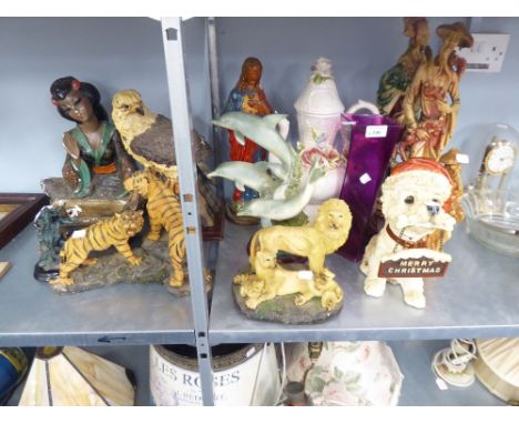 PAIR OF TALL RESIN ORIENTAL FIGURES, ITALIAN POTTERY ORIENTAL TEAPOT, RESIN DOG WITH BONE ORNAMENT, STUDIO GLASS VASE AND OTH