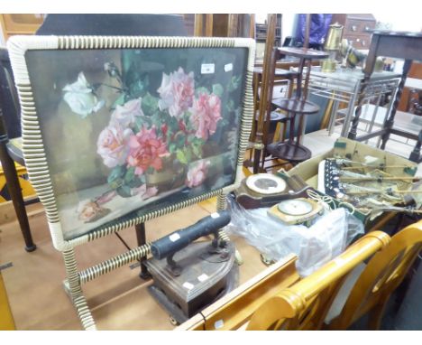A FEW GOLF CLUBS IN BAG, ALSO A REPLICA FLAT IRON, AND THREE CLOCKS VARIOUS AND A 1950's FIRE SCREEN, AND A MODEL BOAT 