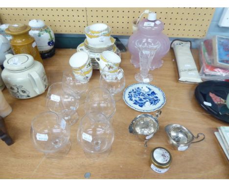 GROSVENOR PART TEA SET, FOUR ROYAL CAULDON PLATES, AND OTHER TEA WARES, 6 BRANDY BALLOONS, PINK CEILING LIGHT AND A DELPH PLA