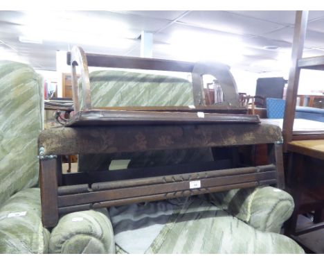 A LARGE OAK TWO HANDLE TRAY. A CORNER STICK RECEIVER AND A LONG, LOW STOOL