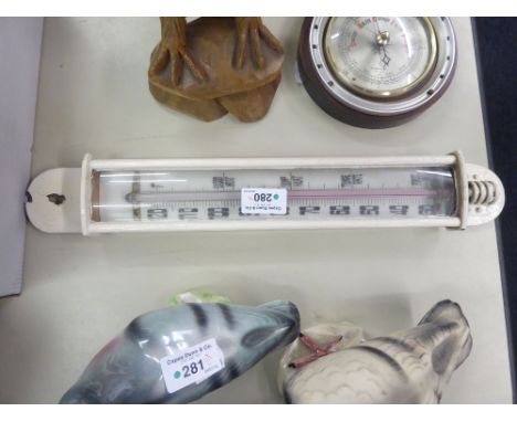 CARVED WOOD MODEL OF AN EAGLE AND AN ANEROID BAROMETER AND A LARGE WOODEN THERMOMETER (3) 