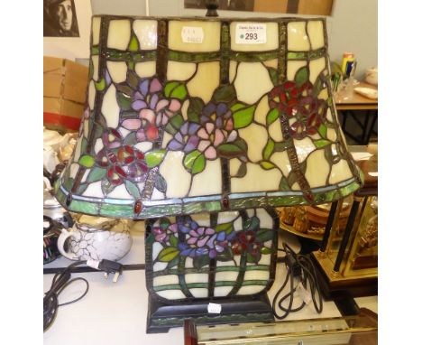 TIFFANY STYLE LEADED AND STAINED GLASS TABLE LAMP, FLASK SHAPED WITH LARGE LEADED AND STAINED GLASS OVAL SHADE, WITH TWO BULB