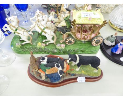 A CONTINENTAL CERAMIC MODEL OF A CARRIAGE DRAWN BY THREE HORSES (ONE MISSING); A BORDER FINE ARTS RESIN GROUP OF A SHEEPDOG A