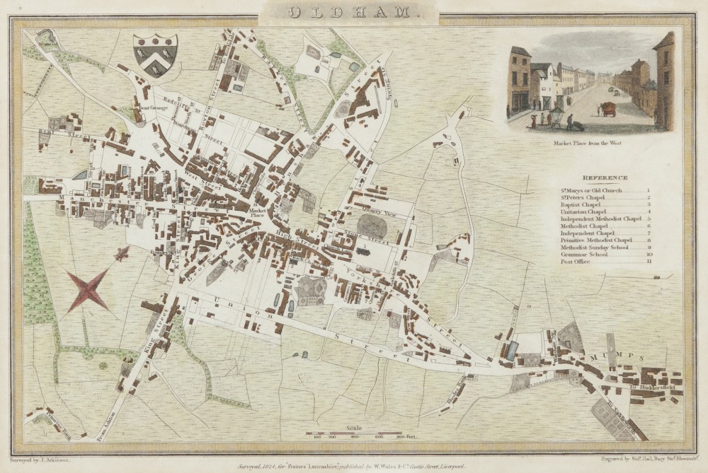 EARLY NINETEENTH CENTURY HAND COLOURED MAP OF OLDHAM With vignette ...