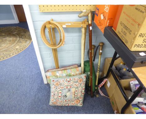 THREE TAPESTRY CUSHIONS, WALKING STICK WITH BRASS POMMEL IN THE SHAPE OF A DUCK, TWO EXTENDING WALKING CANES, A MOSQUITO NET 