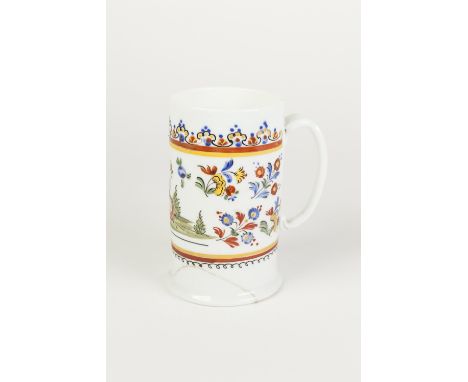 A LATE EIGHTEENTH CENTURY GERMAN MILCHGLAS BEER MUG, colourfully enamelled with a vignette of a lady sat in an out door setti