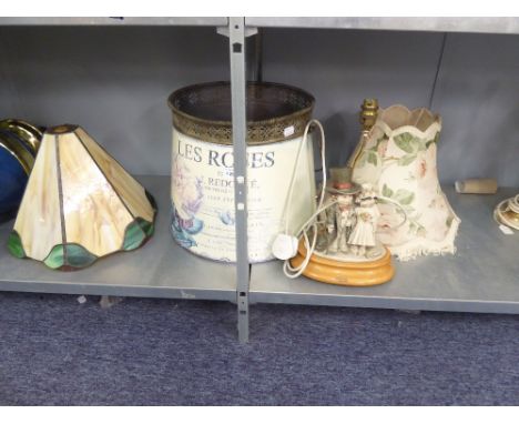 TABLE LAMP WITH FABRIC SHADE, AND A DECORATED 'LES ROSES' WASTE BIN 