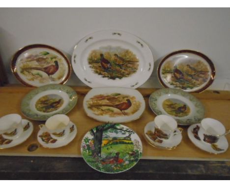 Pheasant decorated plates, cups and saucers including Wedgewood picture plate