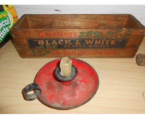 Vintage Black and White Pine Whisky Box , Enamelled Candleholder and Vintage Letterbox Door Knocker