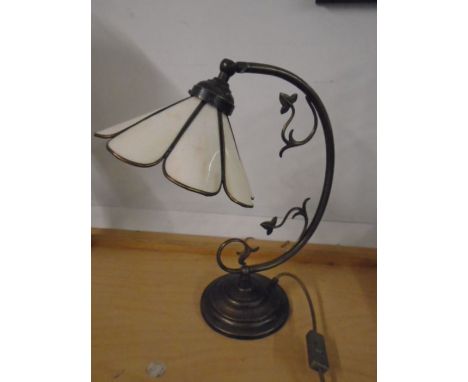 Tiffany style lamp with milky coloured glass shade, one screw missing to hold shade in place.