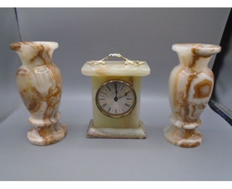 Onyx carriage clock and 2 heavy vases