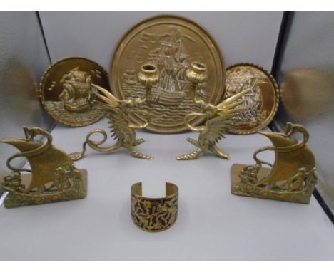 Brass dragon candlesticks (tail broken on one but is there) brass ship plates, ship bookends? brass bangle