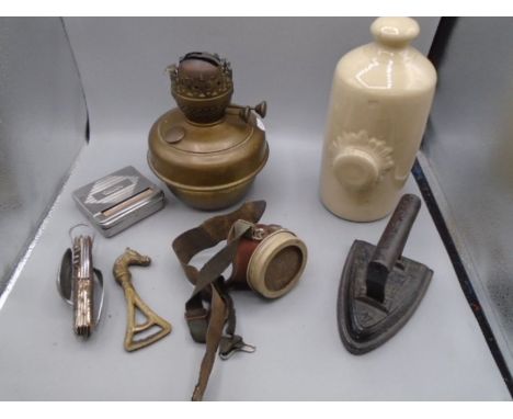 Mixed lot- old iron, salt glazed hot water bottle, old gas/face mask, oil lamp (no funnel), utility pen knife