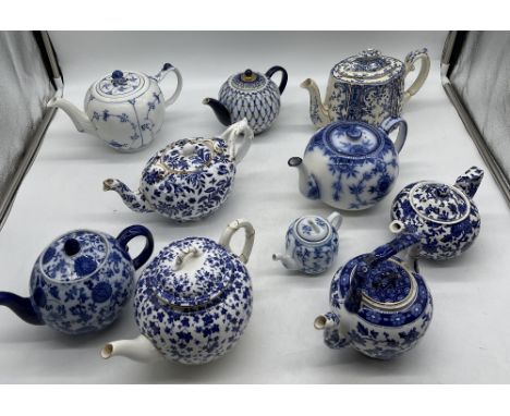 Collection of Antique Blue and White Teapots to include Hawthornden, Royal Worcester, Royal Copenhagen. USSR Lomonosov, Albio