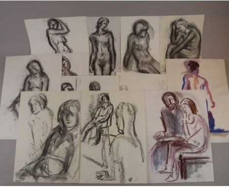 Brill, Carla (1906-1994, Meisterschülerin von Max Beckmann am Städel in Frankfurt/M.) - 12 Figurenzeichnungen, Kohle, Buntsti
