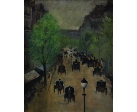 Unbekannte/r Künstler/in (20.Jh.) - Pariser Straßenszene mit Droschken, Öl auf Platte, unsigniert, ca. 50 x 40 cm, gerahmt, G