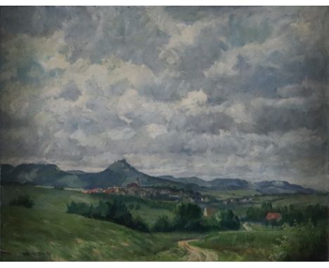 Unbekannte/r Künstler/in (20.Jh.) - Ansicht von Hechingen mit Burg Hohenzollern, 1940, Öl auf Platte, unten links undeutlich 