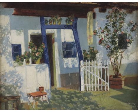 Unbekannte/r Künstler/in (im 20.Jh. tätig) - Mediterraner Hauseingang, Öl auf Leinwand, unten rechts undeutlich signiert und 