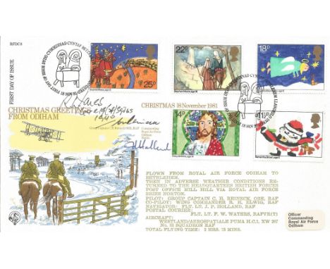 RFDC8 1981 Christmas flown. Signed R Jones Battle of Britain Pilot FDC 18 Nov 81 FDI Bethlehem. Full Set of 5 Christmas Stamp