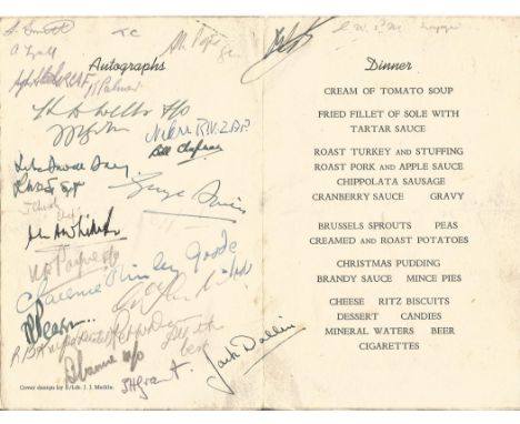 WW2 MULTI SIGNED Christmas Dinner Menu from 1942. Some of the signatures include Bill Chapman, J H Grant, W F Payne, J Smith,