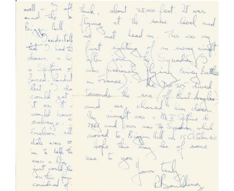 WW2 F/O R J E Boulding Battle of Britain Pilot. A Collection of 3 Hand signed, Handwritten Letter Dated 30 7 75, 7th November