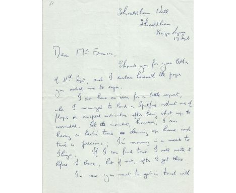 WW2 S/Ldr. R C F Lister Battle of Britain Pilot Hand signed, Handwritten Letter Dated 19th Sept, Letter gives reference to Li