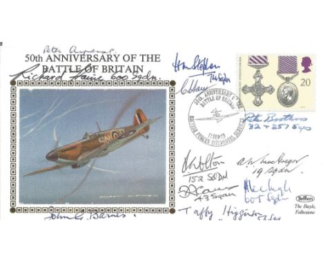 WW2 MULTI SIGNED 50th Anniversary of the Battle of Britain FDC. Hand signed by J Barnes, Taffy Higginson, F Carey, A Ingle, R