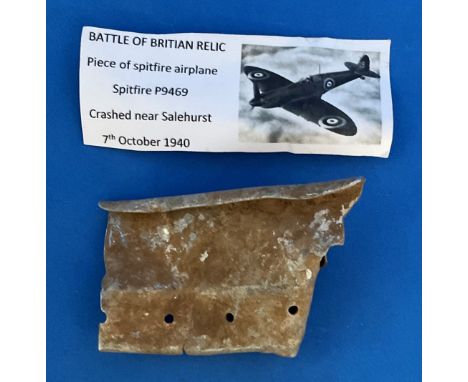 Battle Of Britain Relic. Piece of Metal from Spitfire Airplane P9469 that crashed near Salehurst on 7th October 1940 with P/O