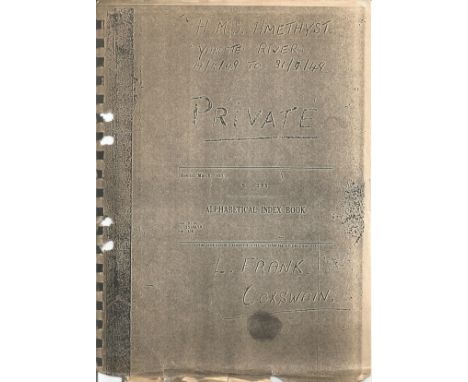 WW2 Coxswain L Frank s Copied printed notes of HMS Amethyst Yangtze River 19th 31 April 1949.Set within a turquoise colour bi